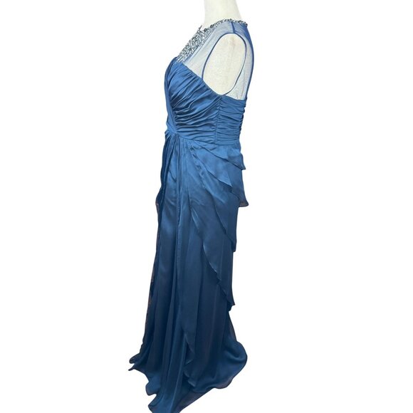 Adrianna Papell Blue Beaded Illusion Neck Tiered Chiffon Gown 4 Elegant Bodice - Picture 13 of 16